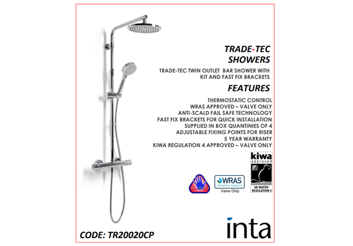 Bộ sen tắm cây đôi với thanh điều nhiệt tự động (Trade-Tec Optimo Dual Outlet Thermostatic Bar Shower - TR20020CP)