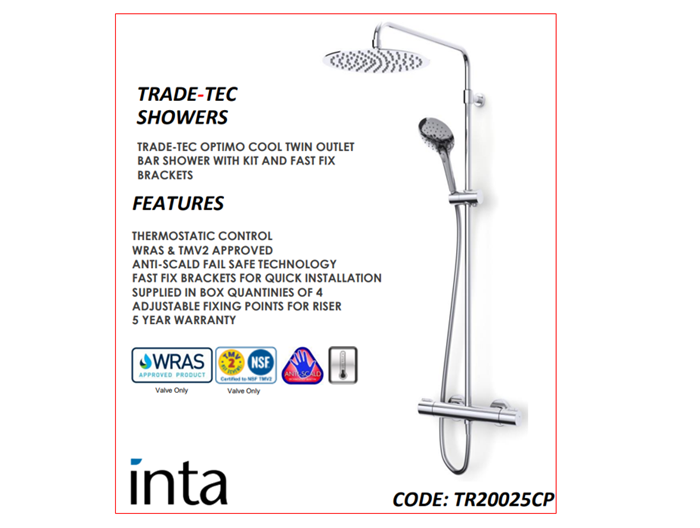 Bộ sen tắm cây đôi với thanh điều nhiệt tự động (Trade-Tec Optimo-Cool Dual Outlet Thermostatic Bar Shower - TR20025CP)