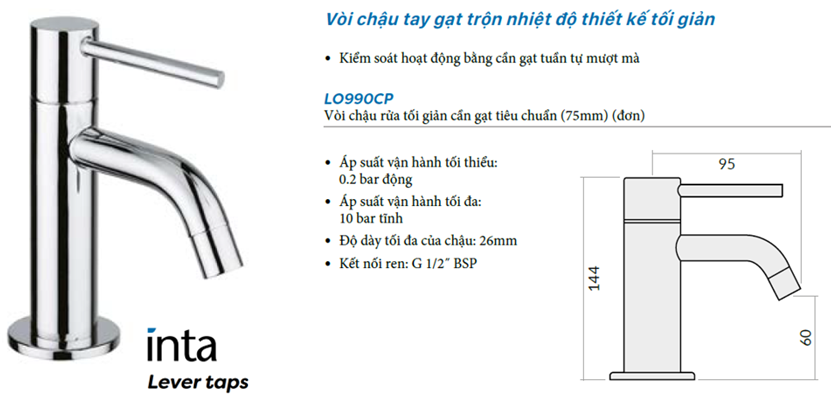 Vòi chậu tay gạt trộn nhiệt độ tối giản LO990CP