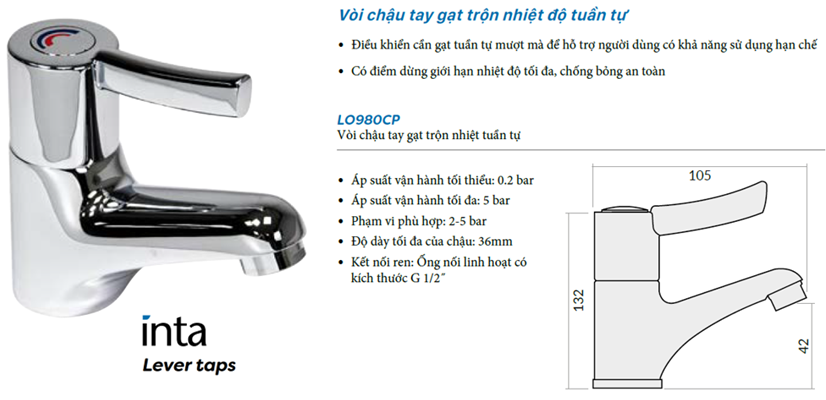 Vòi chậu tay gạt trộn nhiệt độ tuần hoàn INTA LO980CP