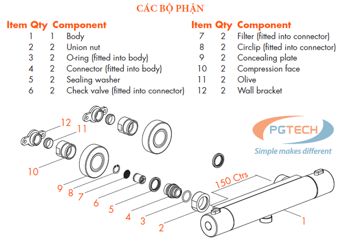 Các bộ phận của bộ vòi sen tắm đơn Trade-tec TR10032CP