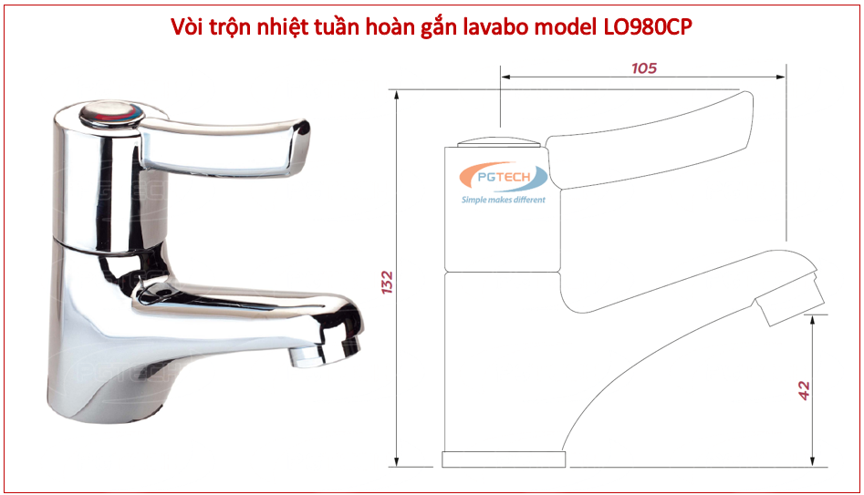 Kích thước của vòi tay gạt tuần hoàn LO980CP