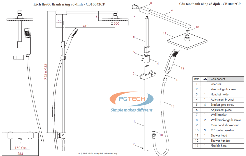 Kích thước và cấu tạo thanh nâng cố định CB10032CP Nulo