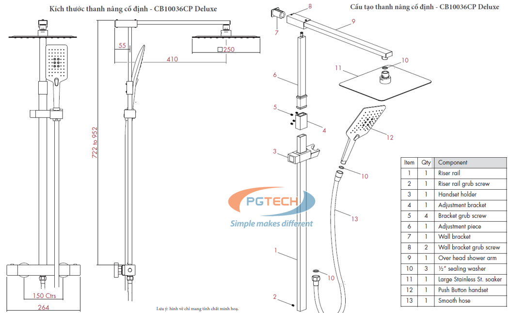 Kích thước và cấu tạo thanh nâng cố định CB10036CP Nulo Deluxe