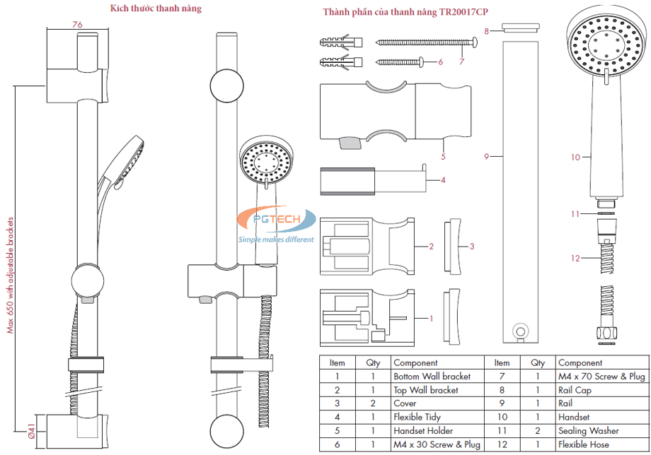 Kích thước và các thành phần của thanh trượt model TR20017CP