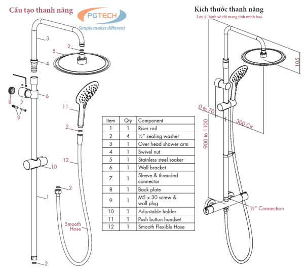 Kích thước và cấu tạo của thanh nâng model TR20025CP