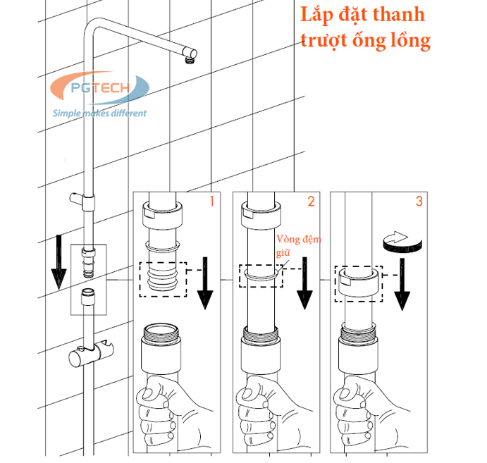 Lắp đặt thanh trượt ống lồng của bộ vòi sen tắm đôi Trade-tec