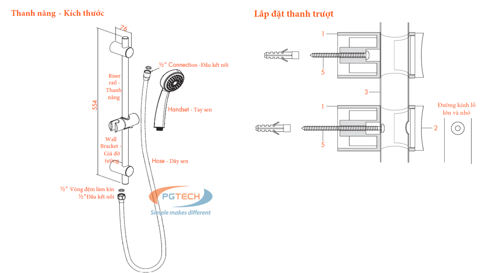 Kích thước thanh nâng và cách ắp đặt thanh nâng vòi sen tắm đơn Trade-tec TR10032CP